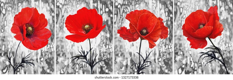 Collection Of Oil Paintings. Decoration For The Interior. Modern Abstract Art On Canvas. Painting Set.  Red Poppy.