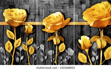 Collection of oil paintings. Decoration for interior. Modern abstract art on canvas. Set of pictures with different textures . rose flowers on black wood background. gold and black . wood texture