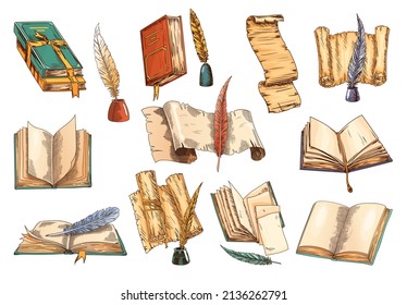 Collection of old books and antique quills with ink-bottle. Set of education and wisdom icon symbol.  illusration for education and literature theme design. Vintage library design elements