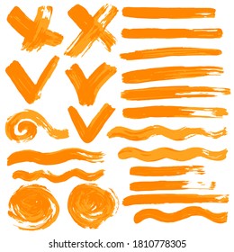 Collection of orange paint, ink, brush strokes, brushes, lines, grungy. Waves, circles Freehand drawing elements of decoration