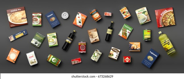 Sammlung von verpackten Lebensmitteln einzeln auf grauem Hintergrund. 3D-Illustration