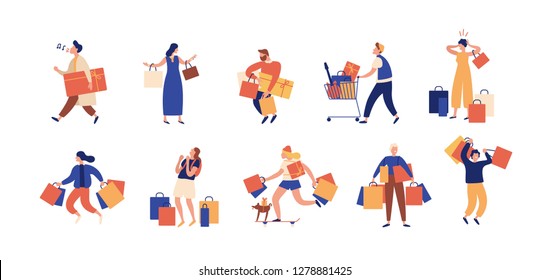 Collection of people carrying shopping bags with purchases. Men and women taking part in seasonal sale at store, shop, mall. Cartoon characters isolated on white background. Flat illustration.