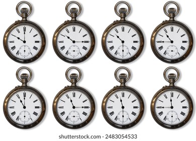 A collection of photographs of a pocket antique silver watch on a white background with shadows. The collection contains the readings of the hand in 15-minute increments, from 10:00 to 11:45 - Powered by Shutterstock