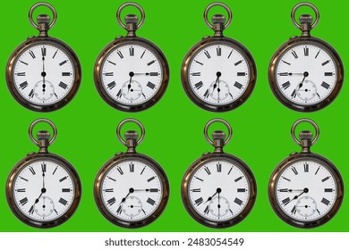 A collection of photographs of a pocket antique silver watch on a green background.  The collection contains the readings of the hand in 15-minute increments, from 06:00 to 07:45 - Powered by Shutterstock