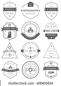 Collection of photography and videography logo templates. Photocam, wedding and aerial footage logotypes. Photography vintage badges and icons. Modern mass media icons. Raster version.