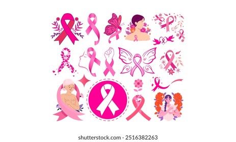 A collection of pink ribbon designs symbolizing breast cancer awareness, strength, and hope. - Powered by Shutterstock