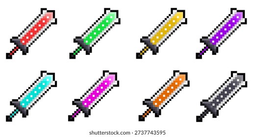 A collection of pixel art featuring eight large swords with a blocky shape, perfect for use as game assets.