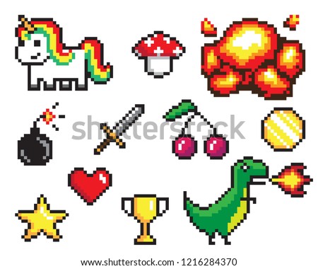 Collection of pixel objects used in games, heart and star, coin and sword, bomb and explosion, dinosaur and unicorn raster illustration