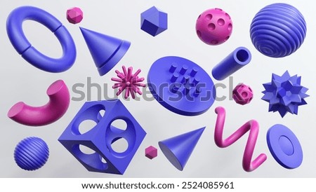 Collection of plastic abstract geometric elements for design - 3d render. Set of bright blue, yellow and pink objects for icons, banners, websites.