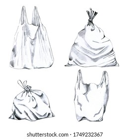 Collection Of Plastic Garbage Bags Isolated On White. Hand Drawn Pencil Illustration. Elements For Icon, Logo Design. Symbol Of Eco Polution, Recycling And Waste.