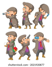 The collection of the professional detective using different tool and weapon of illustration
