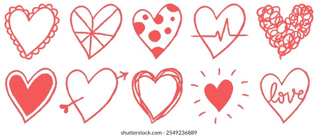 Collection of red heart doodles. Hearts in various styles: polka dots, heartbeat, arrow, and more. Playful heart designs for love-themed projects. Doodle heart illustrations isolated on white.