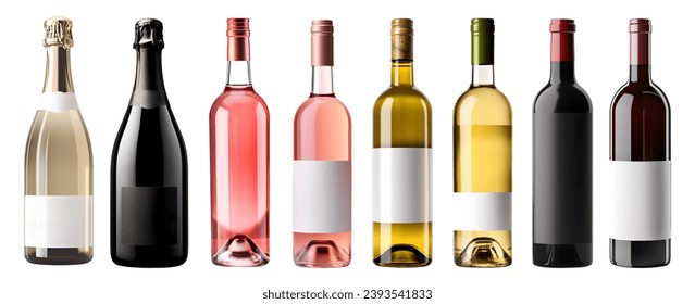 Collection of red white rosé rose champagne wine bottle with blank label on white background cutout file. Mockup template for artwork graphic design - Powered by Shutterstock