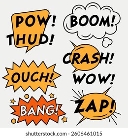 Collection of retro comic speech bubbles with action words like POW BOOM CRASH and ZAP, perfect for graphic novels and dynamic designs.

