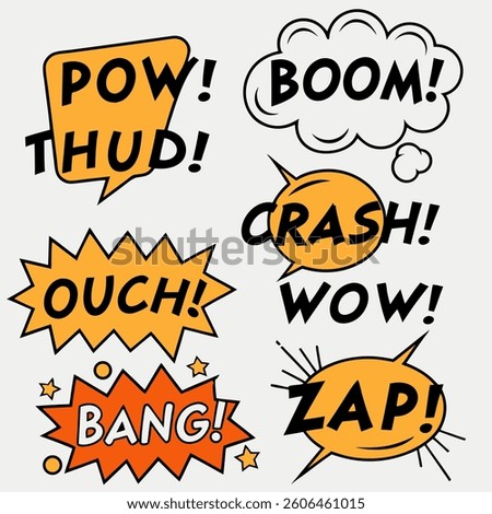 Collection of retro comic speech bubbles with action words like POW BOOM CRASH and ZAP, perfect for graphic novels and dynamic designs.

