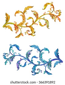 Collection Rich Baroque Floral Scroll Filigree For Your Design. Watercolor Painting. 