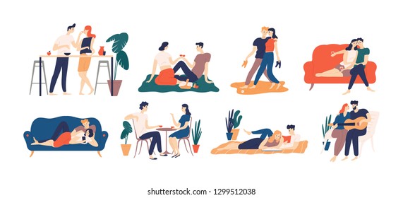 Collection of romantic couple spending time or relaxing together - having picnic, reading books, drinking coffee or wine, playing guitar, walking. Colorful illustration in flat cartoon style - Powered by Shutterstock