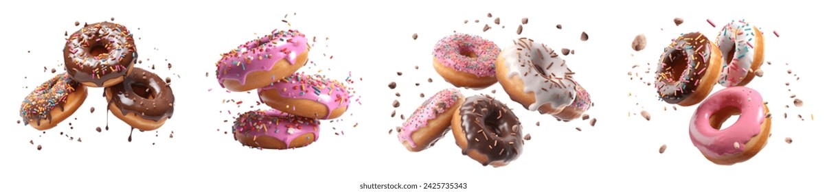 Collection of round donut doughnut, Colourful set, flying falling with sprinkles nuts topping frosting on white background cutout file. Many assorted different. Mockup template for artwork