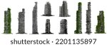 collection of ruined skyscrapers, tall overgrown post-apocalyptic buildings isolated on white background, 3d rendering