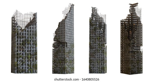 collection of ruined skyscrapers, tall post apocalyptic buildings isolated on white background, 3d render