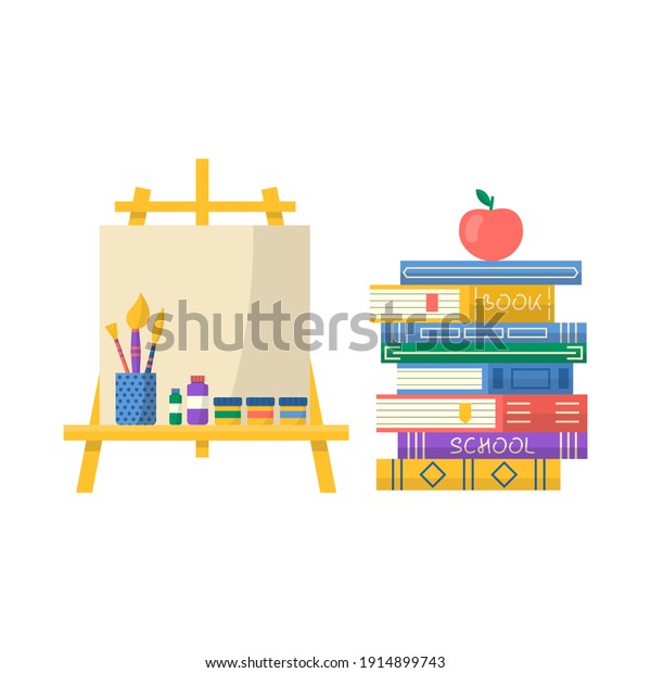 Collection of school supplies with\
notebook, pen, backpack, ruler, books, set brush and paints.  Back\
to school background with stationery. Office\
accessories.