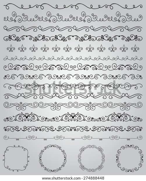 Collection of Seamless Hand Drawn\
Doodle Vintage Borders and Frames. Design Elements. Illustration\
