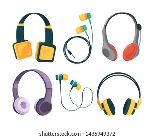 Collection Set Of Different Headphones. Illustrations In Cartoon Style. Equipment Headset And Stereo Headphone, Gadget Accessory