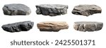 Collection set of long flat big hard rock boulder stone podium stage display on white background cutout file. Many different design. Mockup template artwork graphic