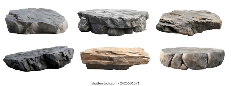 Collection set of long flat big hard rock boulder stone podium stage display on white background cutout file. Many different design. Mockup template artwork graphic