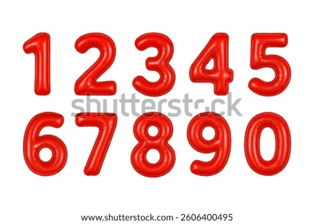Collection set of shiny red inflatable balloon numbers for party decoration and celebration themes isolated on white background.