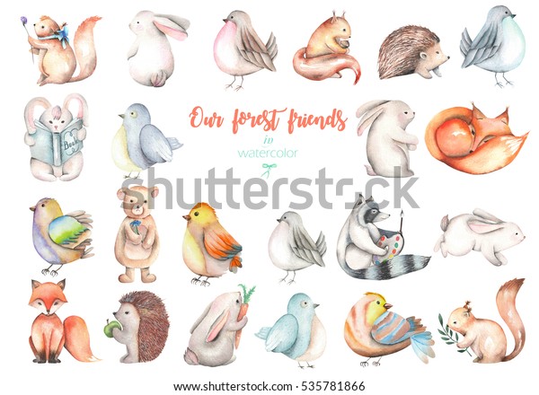 白い背景に水彩色のかわいい森の動物のイラスト 手描きのコレクション のイラスト素材