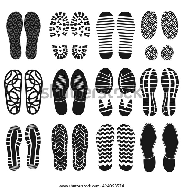 靴の紋章のコレクションです 靴のシルエットの白黒のアイコン 異なるパターンを持つ靴底のインプリント のイラスト素材