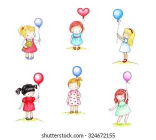 collection six drawings cute little girls and balloons 