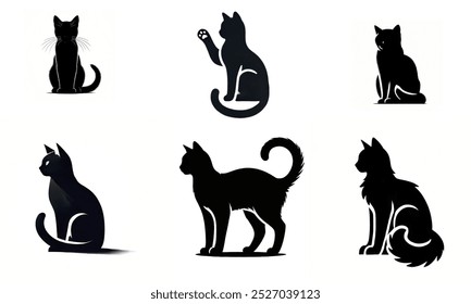 A collection of six minimalist black cat silhouettes in various poses, set against a clean white background. - Powered by Shutterstock