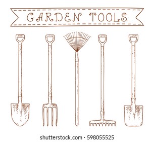 Collection Of Sketch Hand Drawn Garden Tools