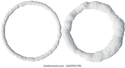 A collection of snow circle frames showcases bright white snow arranged in various circular shapes. Ideal for creating winter-themed designs, these three-dimensional cut-outs add. 3D Illustration