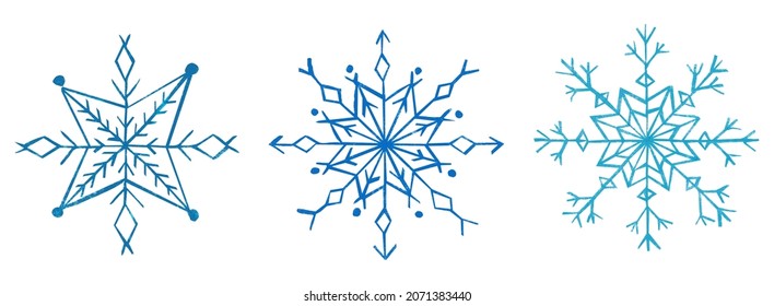 Collection of snowflakes, winter elements isolated on white background. Set for winter decor, holidays, Christmas, new year, etc.