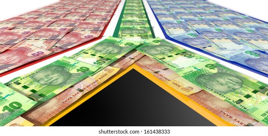 A Collection Of South African Rand Noted Laid On Top Of And Matching The Colors Of The South African National Flag