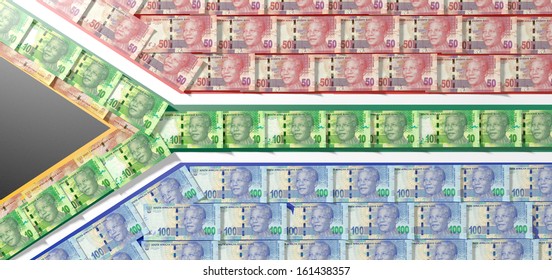 A Collection Of South African Rand Noted Laid On Top Of And Matching The Colors Of The South African National Flag