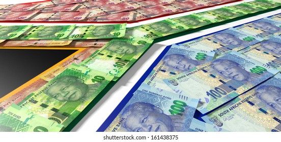 A Collection Of South African Rand Noted Laid On Top Of And Matching The Colors Of The South African National Flag