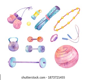 Collection of sports items. Clipart set with barbells, kettlebells, jump rope, hoop, fitball, dumbbells, boxing gloves. Watercolor hand drawn illustations. - Powered by Shutterstock