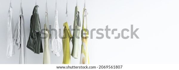 A collection of stylish fashion blouse, tops,\
blazer dress neatly hanging on the retail clothing display racks in\
front of white clean wall. 3D rendering illustration, Yellow, Black\
and white, Stylish
