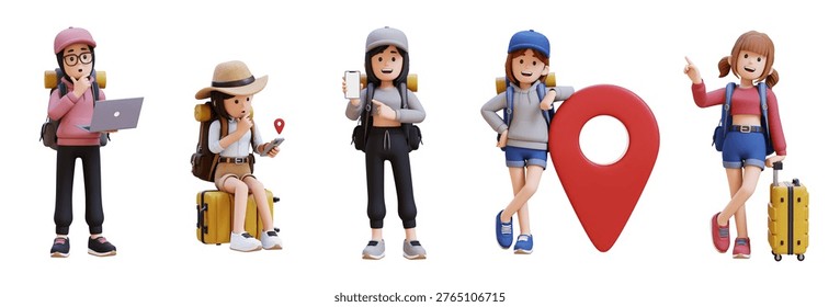 A collection of stylized 3D rendered characters in travel attire. showcasing different poses and actions related to planning and embarking on trips