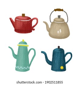 Collection of teapots and kettles isolated on white background. 