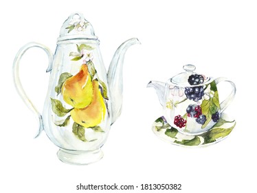 Collection teapots. Tea Time Set. Watercolor hand drawn illustration. 