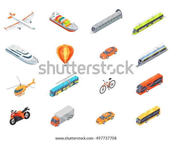 Collection of transport icons.  in isometric\
projection. 3d illustrations of road, railway, flying, water,\
personal, public and commercial transport with caption. For ad\
design, app icons,\
games