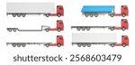 Collection of trucks featuring various semi-trailers. Side views of a semi-trailer, lowboy, flatbed, refrigerated and dump trailer. Isolated on a white background. 3d illustration.