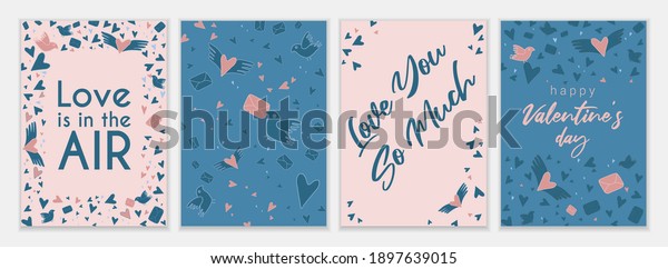 Collection of Valentine\'s day cards and other flyer\
templates in pale pink and blue palette. Typography poster, card,\
label, banner design set.\

