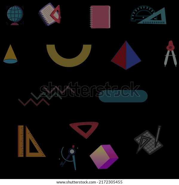 Collection of various geometric shapes background.\
All geometric shapes - square, cube, triangle, book, pencil,\
divider etc.