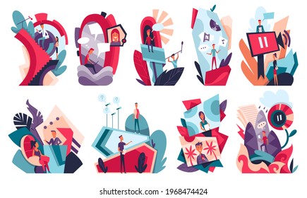 Collection of video blogging concept. Studio blog recording on chroma key backgrounds. Recording podcasts. Workplaces of blogger or video editor. Live streaming - Shutterstock ID 1968474424
